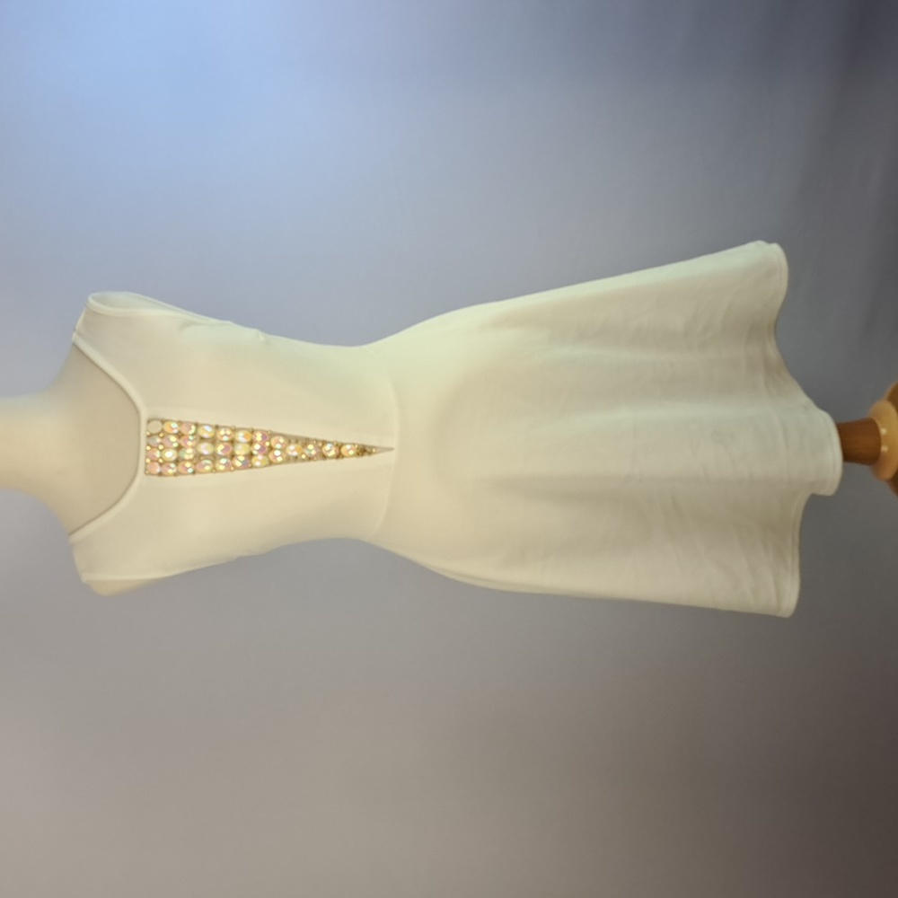 White Stretch Women's mini Cocktail Dress with Iridescent Rhinestone Front XS-S
